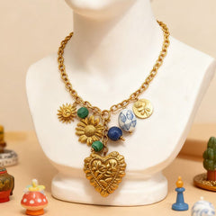 Blue Green Heart Beads Flower Sun Gold Alloy Necklace For Women
