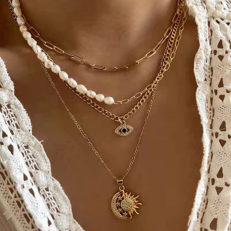Multi Layer Gold Chain White Pearl Blue Evil Eye Sun Charm Alloy Necklace