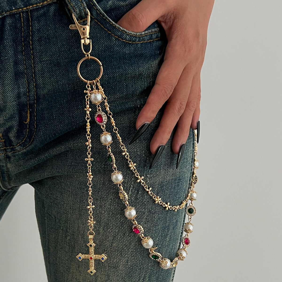 Luxury Gold Plated Multicolor CZ Pearl Cross Charm Jean Wallet Chain