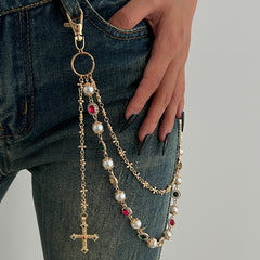Luxury Gold Plated Multicolor CZ Pearl Cross Charm Jean Wallet Chain