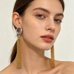 Dual Tone Gold Silver Plated Chain Tassel Stainless Steel Drop Earrings