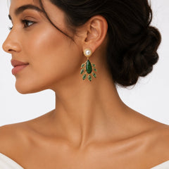 Designer Peacock Gold Plated Blue & Green Enamel Pearl Dangler Earrings