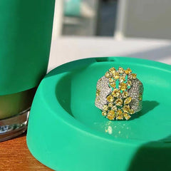 Yellow Flower Cluster Silver Cubic Zirconia Copper Adjustable Ring Women