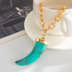 Brown Blue Wolf Tooth Gold Enamel Turquoise Pendant Chain