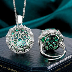 Rose Cut Dream Green Pink Silver Anti Tarnish Green Pendant Ring Set For Women