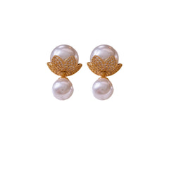 Flower Cubic Zirconia Pearl 18K Gold Silver White Anti Tarnish Stud Earring For Women