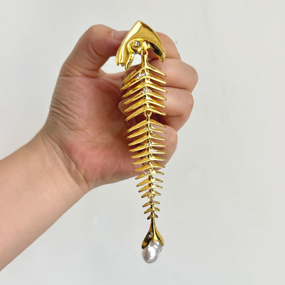 Designer Fish Skeleton Gold Silver Plated Pearl Brooch For Women