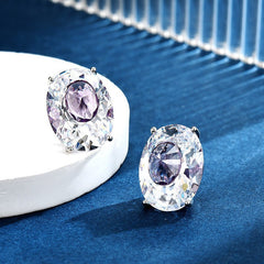 Silver Oval Cubic Zirconia Anti Tarnish Copper Stud Earrings For Women