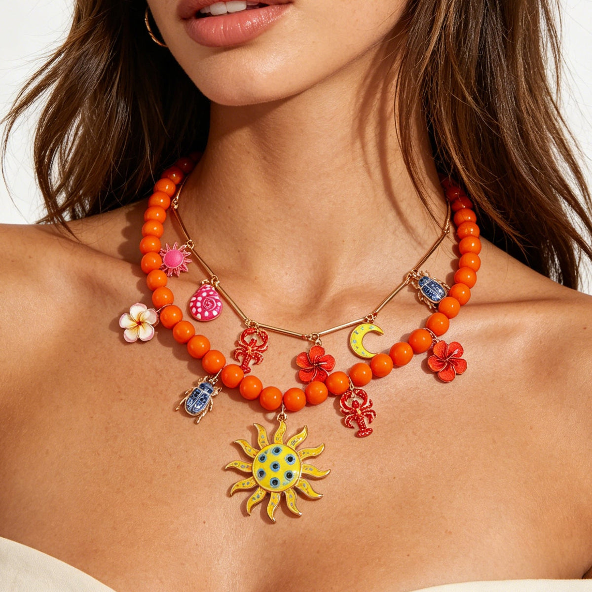 Multi Color Charm Celestial Gold Plated Beads Necklace  For Women