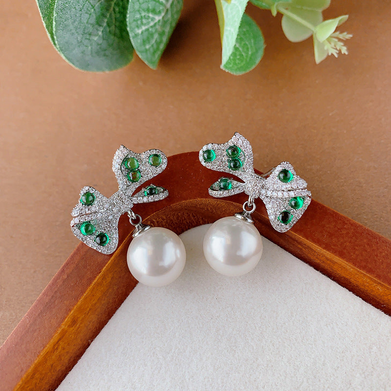 Bow Green White Silver Cubic Zirconia Pearl Anti Tarnish Pendant Earring For Women