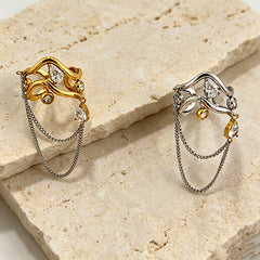 Dual Tone Gold Silver CZ Crystal Chain Stainless Steel Cocktail Ring