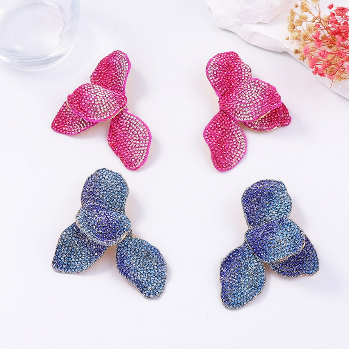 Flower Petals Blue Pink 18K Gold Stainless Steel Dangler Earring For Women