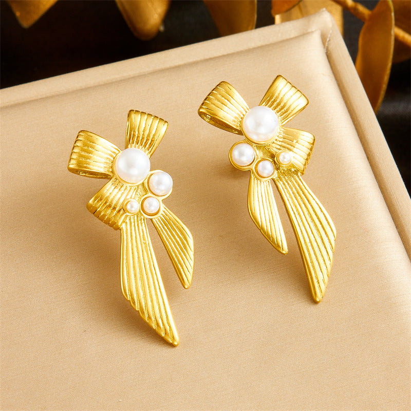 Bow Ribbon 18K Gold Pearl Stainless Steel Anti Tarnish Dangler Earring For Women