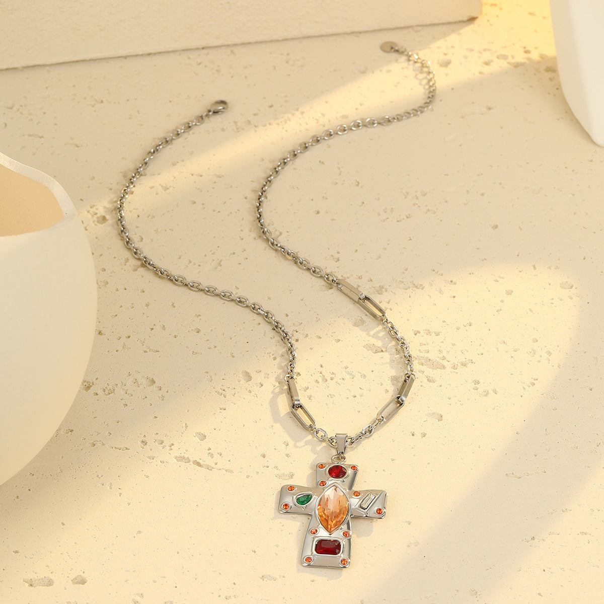 Jesus Cross Silver Brown Multi Gemstone Stainless Steel Anti Tarnish Pendant Chain Necklace For Women