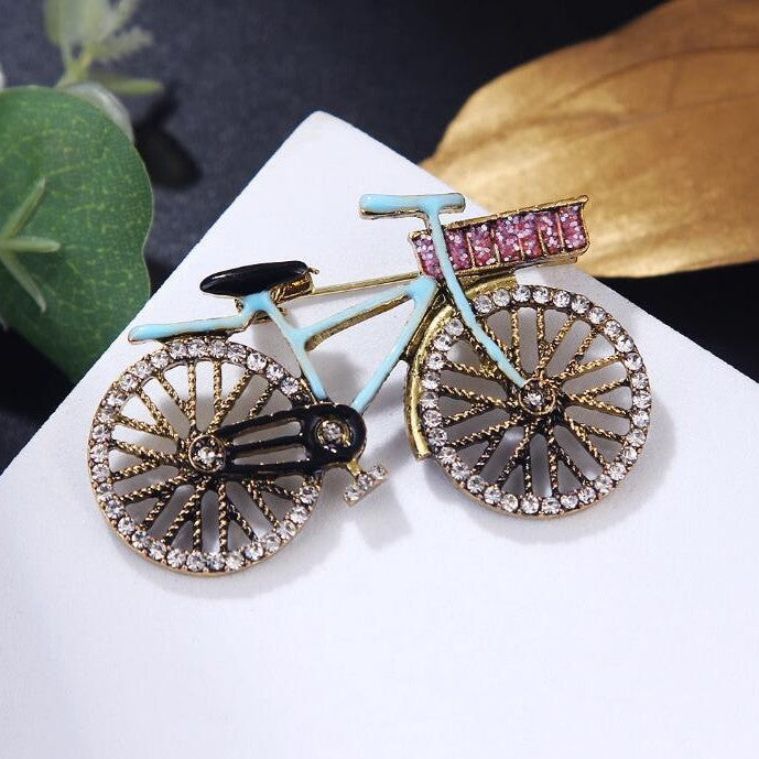 Blue Bicycle Gold Cubic Zirconia Copper Anti Tarnish Brooch Women 