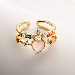 Green Pink White Heart Flower Gold CZ Adjustable Fancy Ring