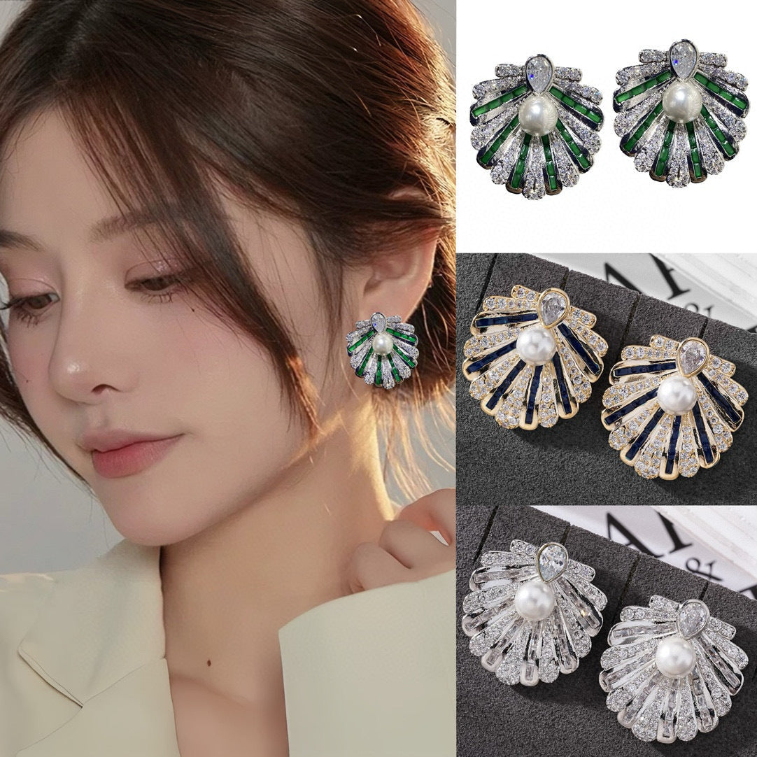 Shell Gold Silver CZ Pearl Anti Tarnish Copper Stud Earrings