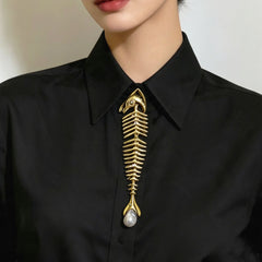 Designer Fish Skeleton Gold Silver Plated Pearl Brooch For Women