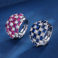 Baguette Cubic Zirconia Crystal Red Blue Silver Anti Tarnish Free Size Ring For Women