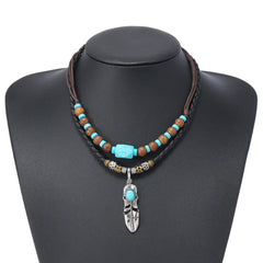 Feather Turquoise Green Brown Beads Wooden Dual Layer Rope Necklace For Women