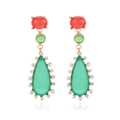 Multi Color Gemstone Gold Plated White CZ Teardrop Dangler Earrings