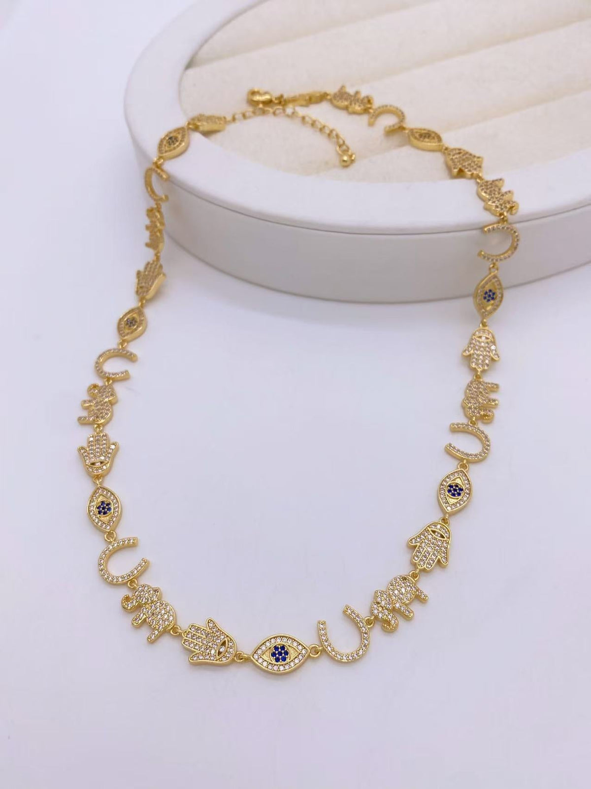 Evil Eye Hamsa Horse Shoe Elephant 18K Gold Silver Cubic Zirconia Necklace For Women