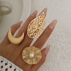 Beaten Finish Crescent Moon 18K Gold Free Size Ring For Women