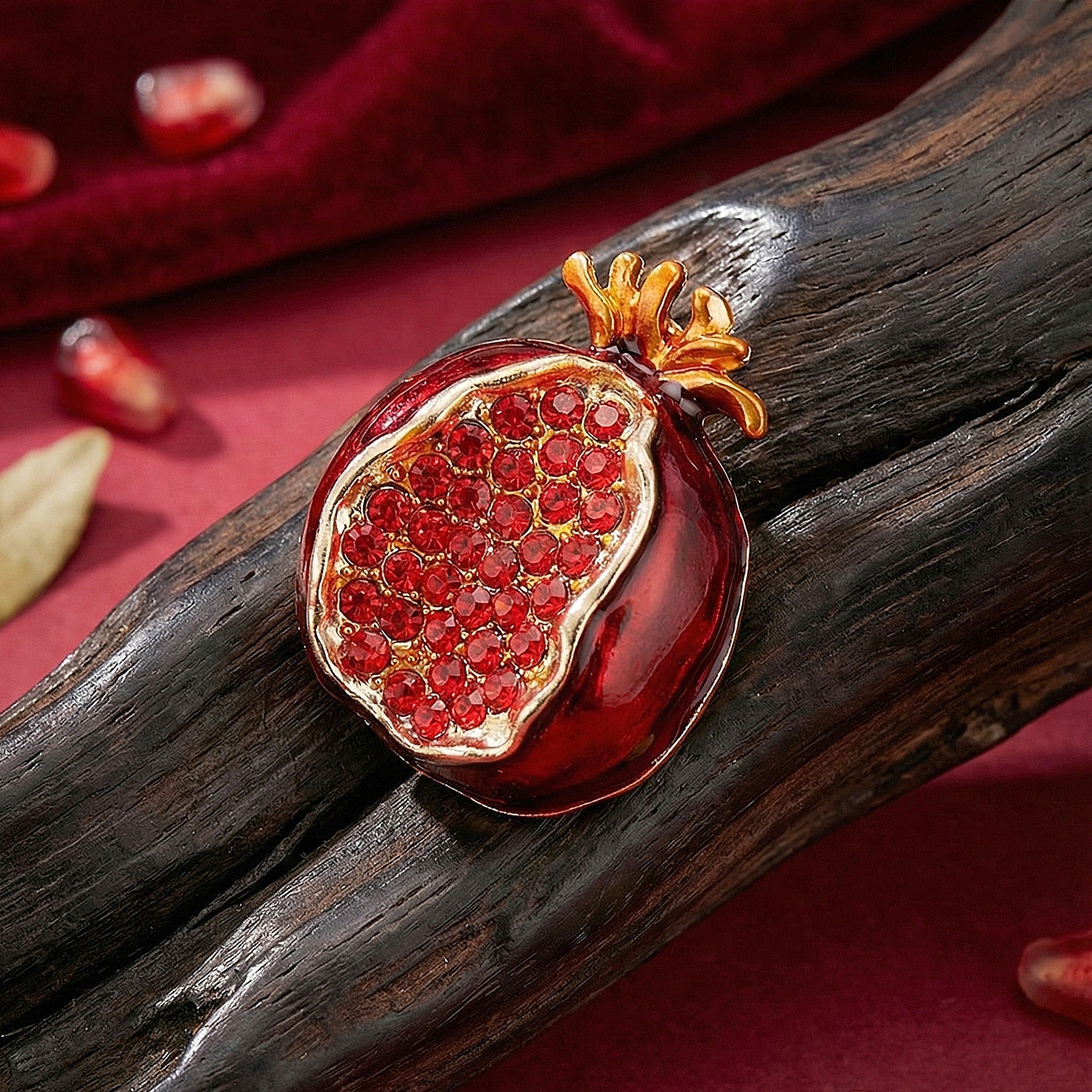 Red Pomegranate Gold Plated Rhinestone Brooch For Women 
