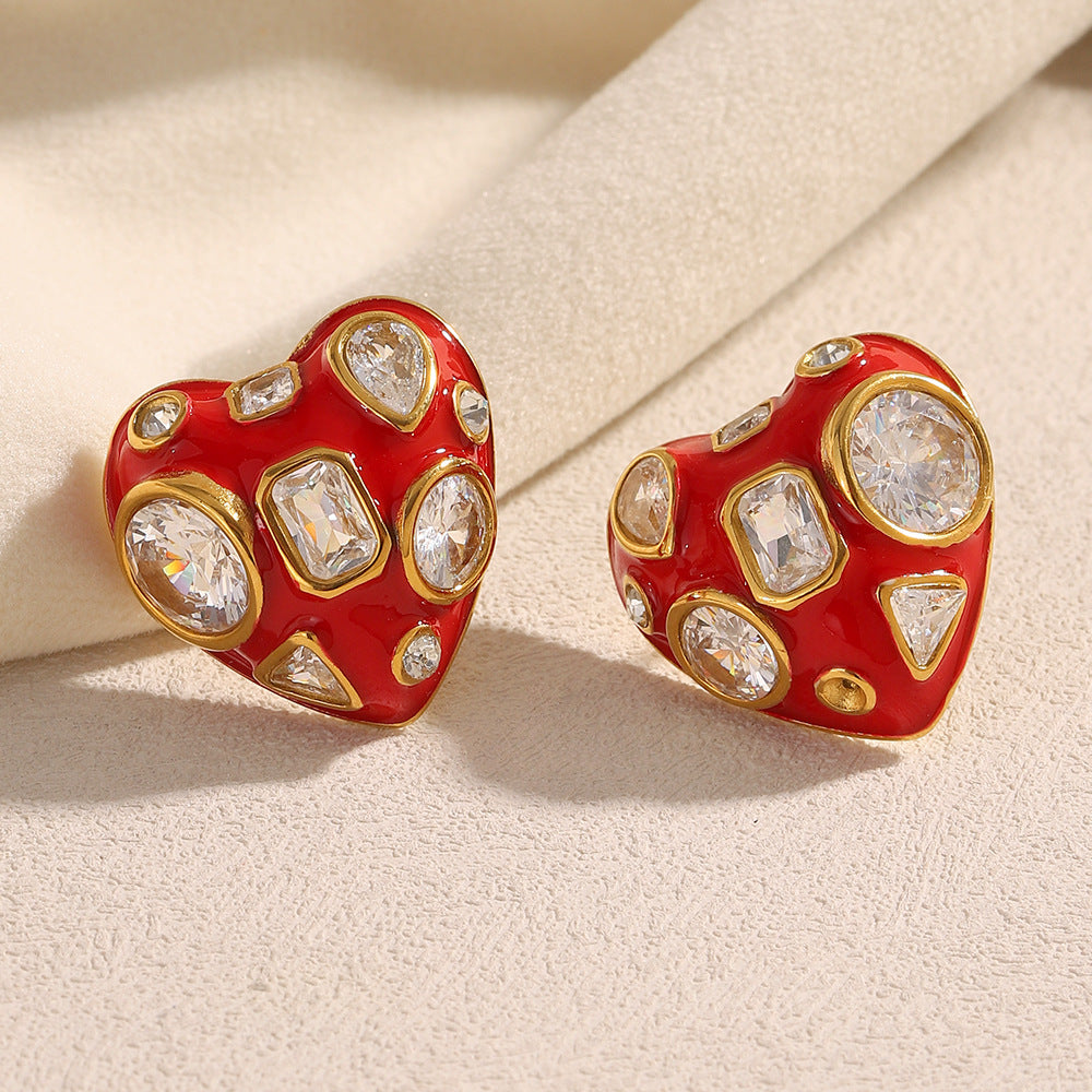 Heart Red 18K Gold Cubic Zirconia Stainless Steel Stud Earring