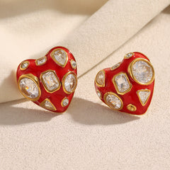 Heart Red 18K Gold Cubic Zirconia Stainless Steel Stud Earring