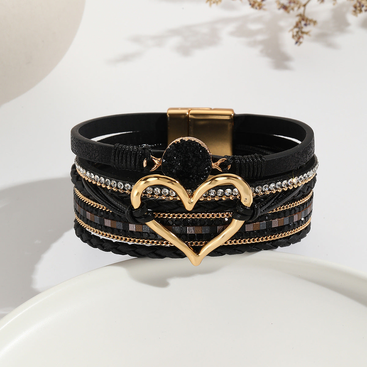Heart Multi Layered Leather Bracelet Wrist Band For Women