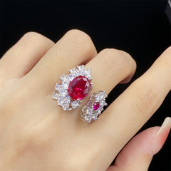 Oval Ruby Red Stone Silver Plated CZ Copper Necklace Combo Set For Women
