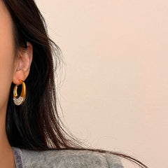 Oval Two Tone 18K Gold Silver Cubic Zirconia Hoop Earring For Women