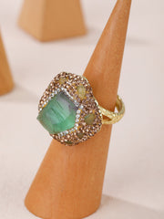 Rough Green Gemstone Crystal 18K Gold Adjustable Ring For Women