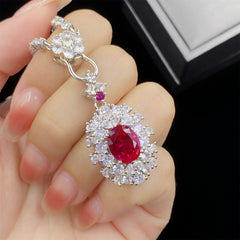 Oval Ruby Red Stone Silver Plated CZ Copper Necklace Combo Set For Women