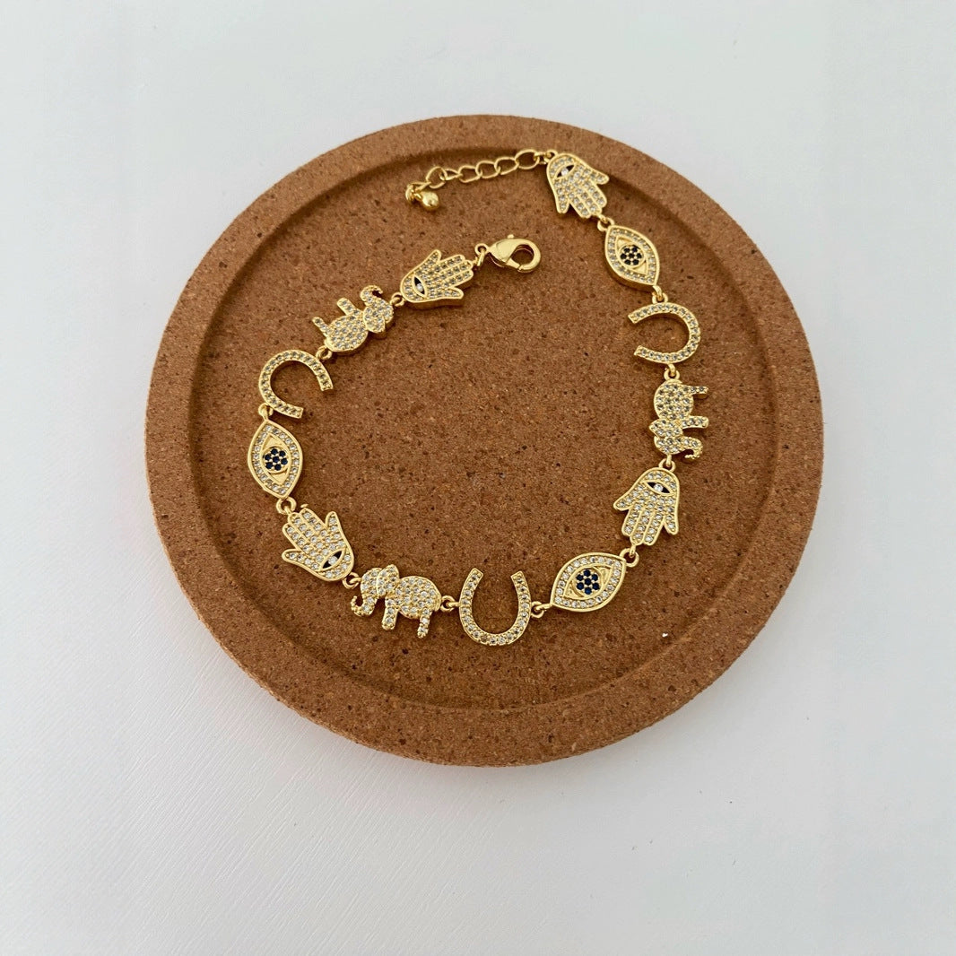 Evil Eye & Hand Charm Gold Silver CZ Anti Tarnish Copper Bracelet