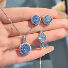 Flower Solitaire Blue Silver Anti Tarnish Pendant Ring Set For Women