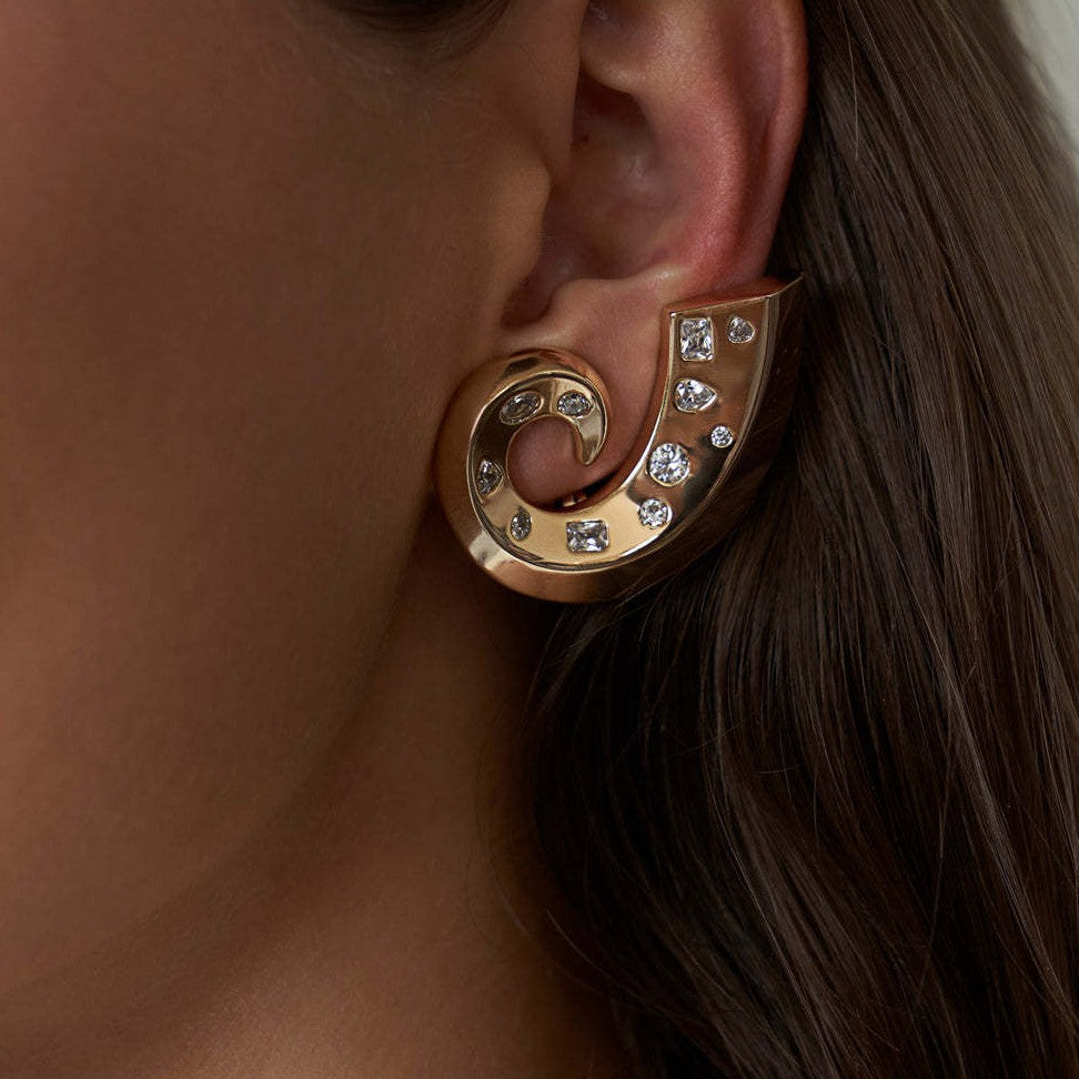 Elegant C-Curve Gold CZ Anti Tarnish Stainless Steel Stud Earrings