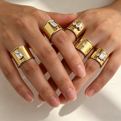 Designer Wide Band Gold Plated CZ Stainless Steel Anti Tarnish Fancy Ring