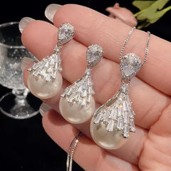 Drop White Silver Pearl Cubic Zirconia Necklace Earring Set For Women