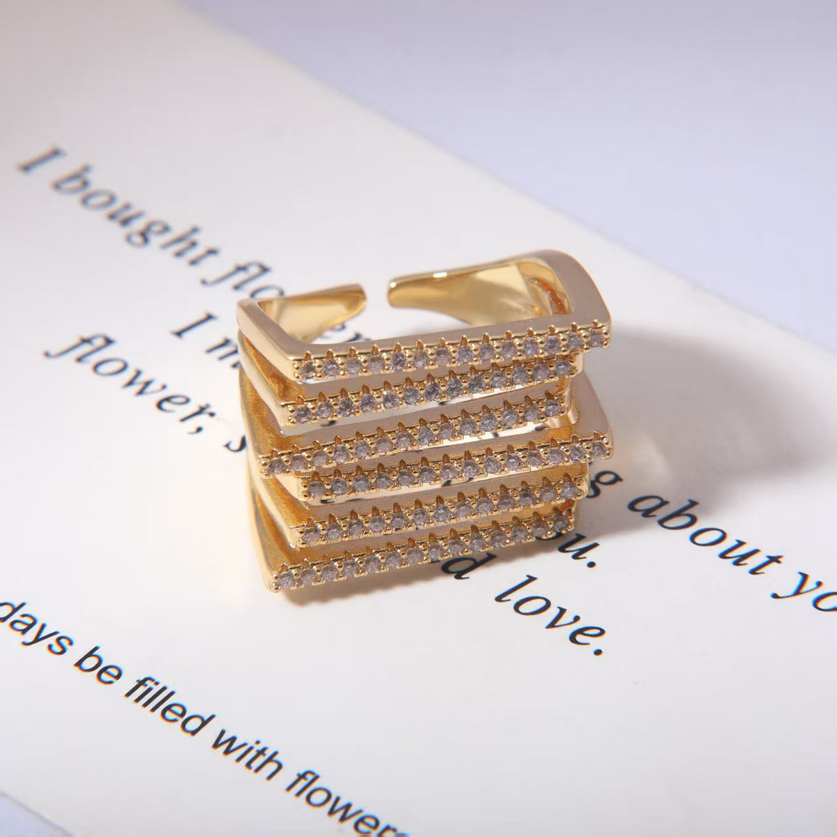 Multi Layer Square Gold Plated CZ Copper Anti Tarnish Cocktail Ring