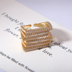 Multi Layer Square Gold Plated CZ Copper Anti Tarnish Cocktail Ring