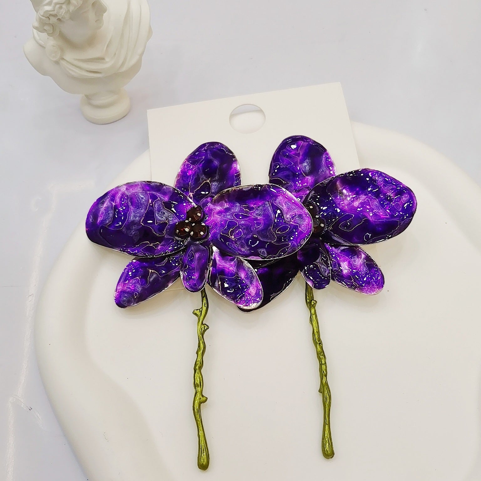 White Purple Black Flower Leaves Gold Enamel Dangler Earrings
