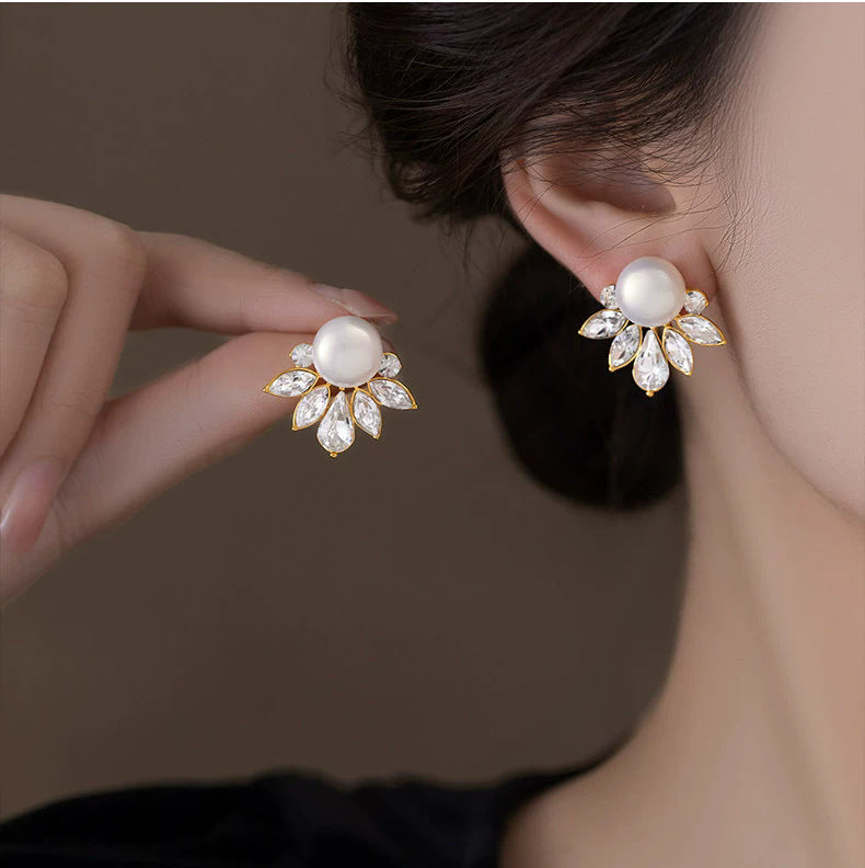 White Crown Pearl Gold Cubic Zirconia Copper Stud Earrings Women