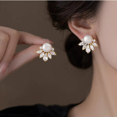 White Crown Pearl Gold Cubic Zirconia Copper Stud Earrings Women