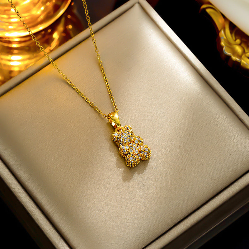 Taddy Bear 18K Gold Cubic Zirconia Stainless Steel Necklace Pendant Chain For Women