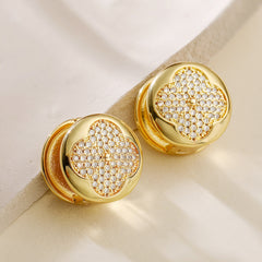 Gold Clover Cubic Zirconia Anti Tarnish Copper Stud Earrings For Women