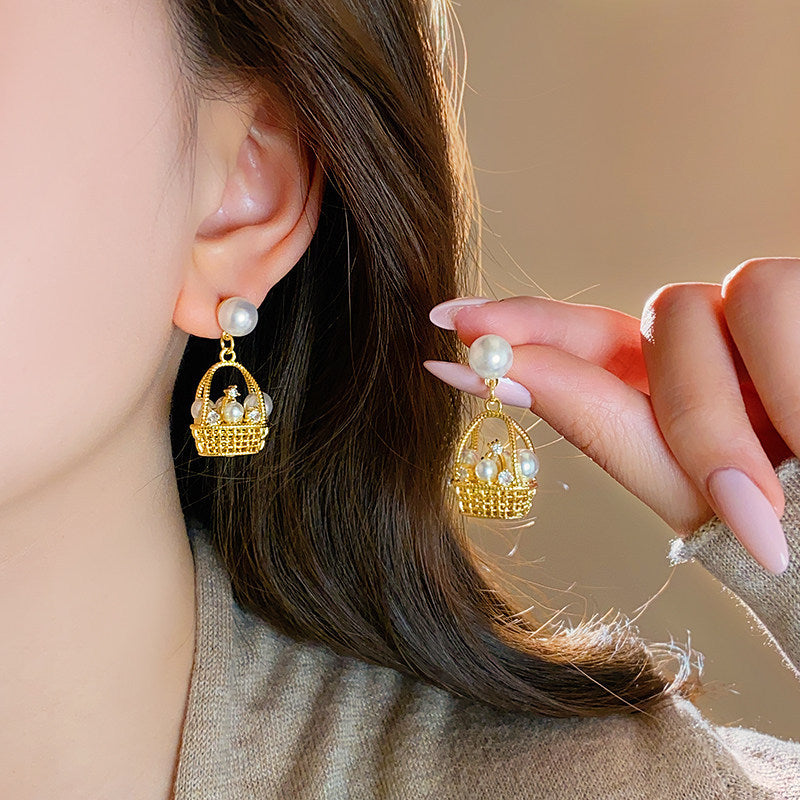 Gold  Basket Pearl  Anti Tarnish Copper Dangler Earrings For Women 
