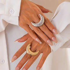 Beaten Finish Crescent Moon 18K Gold Free Size Ring For Women
