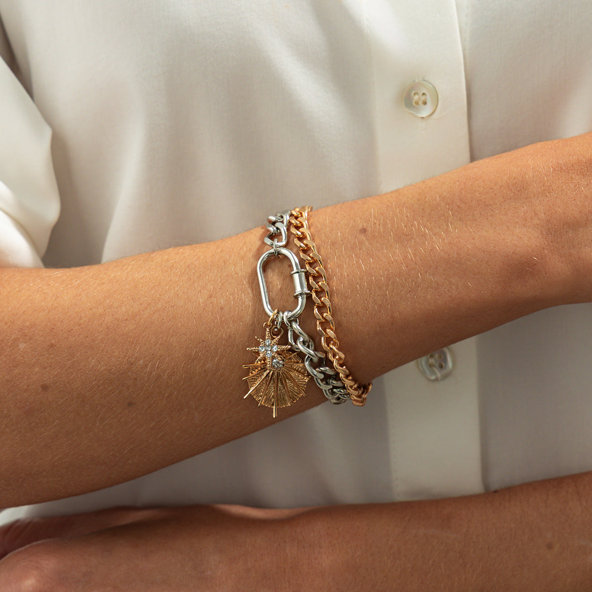 Sun Charm Dual Tone Chain Gold Silver Plated Alloy Bracelet For Women